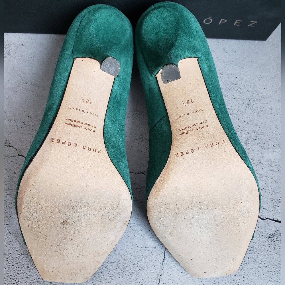 Pura Lopez Emerald Green Suede Peep Toe Pumps Sz 38.5 - Picture 12 of 15